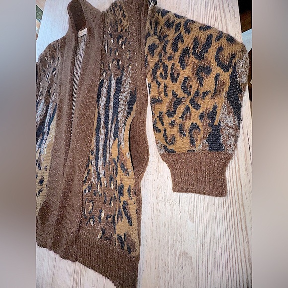 Vintage 80s Cardigan Sweater Multi Animal Print Metallic Leopard Pockets L - Picture 9 of 15